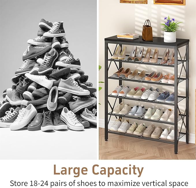 6-Tier Shoe Rack, Metal Shoe Stand with Wooden Top & 4 X Frames, Holds up to 24 Pairs, Sturdy Shoe Shelf for Entryway Closet Garage, Black