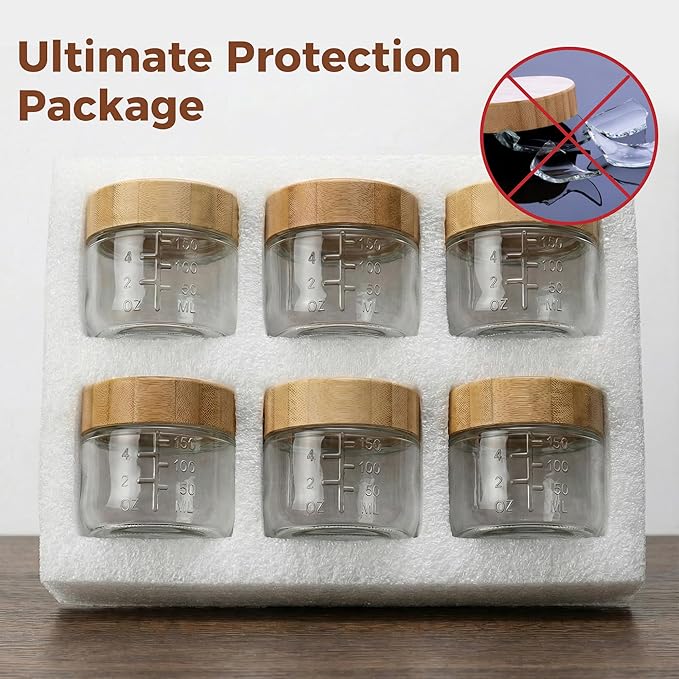 6oz Glass Jars with Airtight Lids - 4 Pack Overnight Oats Containers with Bamboo Lids, Small Food Containers with Measurement for Yogurt, Salad, Chia, Wide Mouth Mason Jar with Lid for Food Storage