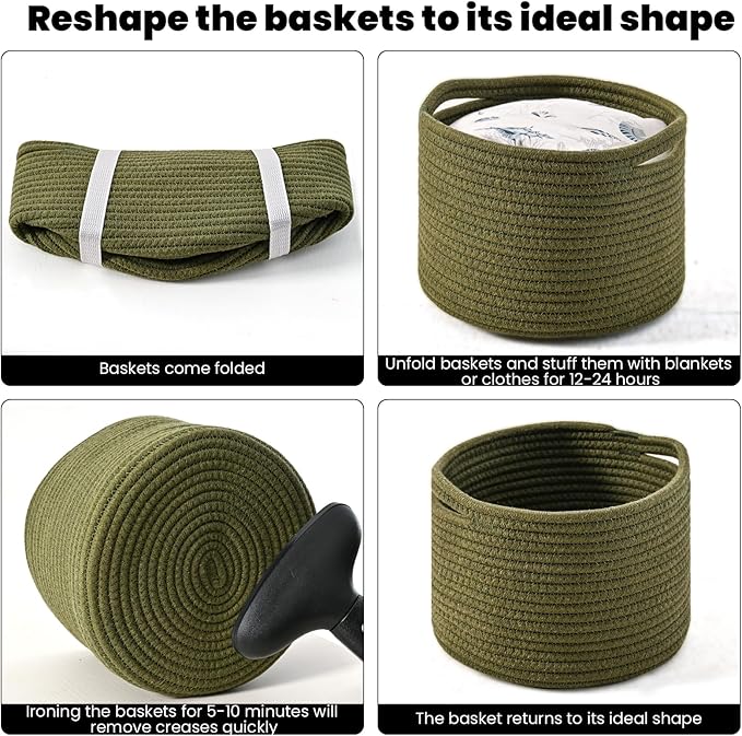 ICERZCZ Small Storage Baskets for Organizing, Organizer Baskets for Shelves, Green Woven Basket for Storage Decor, Small Decorative Cotton Rope Basket, 9.7"×9.7"×7" (3 Packs) Green