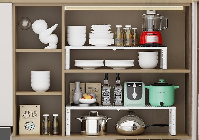 Jojocross Expandable Adjustable Stackable Kitchen Organizer, Spice Rack,Metal Pantry Storage Shelves Racks,Counter Shelf for Cabinets, Countertop, Cupboard (2 Packs/Medium/White)