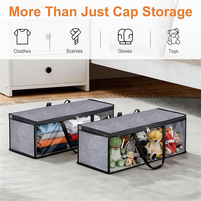 KIMBORA 2 PCS Wide Hat Storage for Baseball Caps Organizer with 2 Sturdy Handles Hat Racks Holder Grey Capbox Stackable for Home Travel