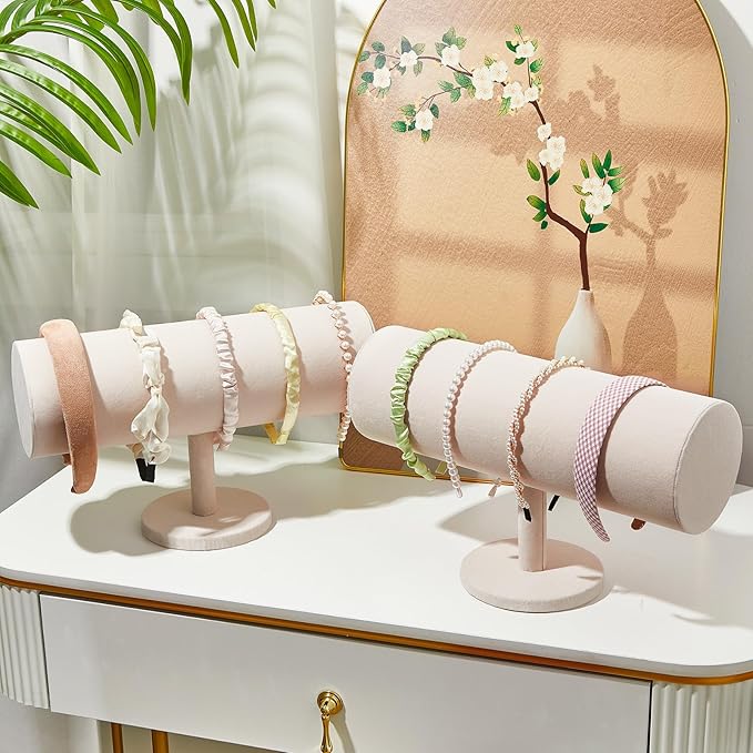 Wenqik 2 Pcs T Bar Headband Holder Velvet Headband Rack Organizer Hairband Earring Display Stand for Women(Beige)