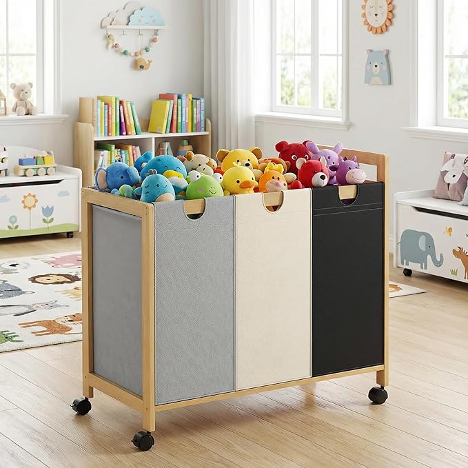 Homykic 250L Laundry Sorter Cart with Wheels, 3-Section Rolling Laundry Basket with Removable Bags, 66 Gal Large Laundry Hamper Organizer, Heavy Duty Bamboo Frame, Water-Resistant, Multicolor