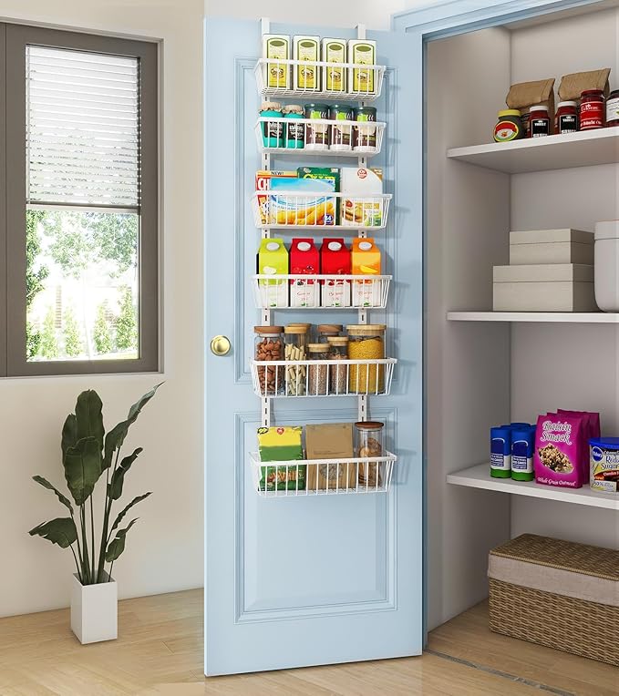 Mefirt 12 Inch Wide Narrow Over The Door Pantry Organizer, Pantry Organization and Storage, 6-Tier Metal Hanging Deep Basket Wall Spice Rack Seasoning Shelves, Home & Kitchen Essentials, White