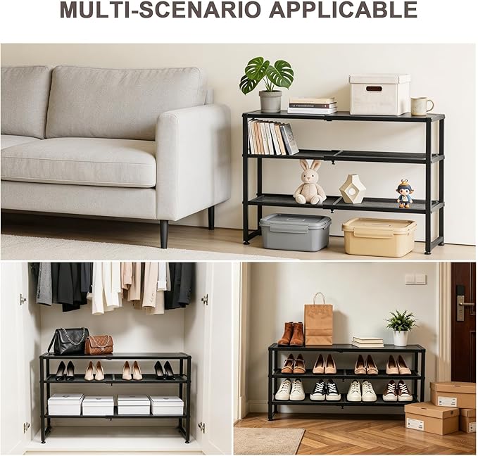 Expandable Shoe Rack,3 Tier Adjustable Metal Shoe Shelf for Closet,Sturdy Free Standing Shoe Storage for Door Entrance,Bedroom,Small Spaces,Black