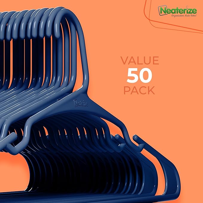 NEATERIZE Clothes Hangers Plastic 50 Pack for Adults - Plastic Hangers, The Perfect Coat Hanger and Space Saving Clothes Hangers for Closet, Percheros Ganchos para Colgar Ropa Hangars - Navy Hangers