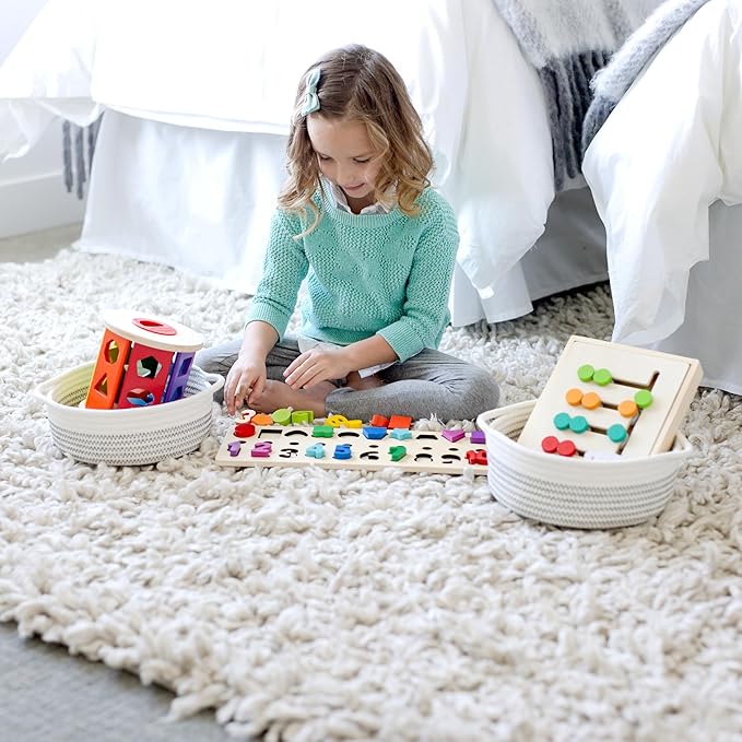 NaturalCozy 5-Piece Round Small Woven Baskets Set– Cotton Rope Baskets for Organizing! Montessori Toys, Fruits Remotes Key Tray Bowl for Entryway Desk, Shallow Catchall Home Décor, Cat Dog Bin Gift