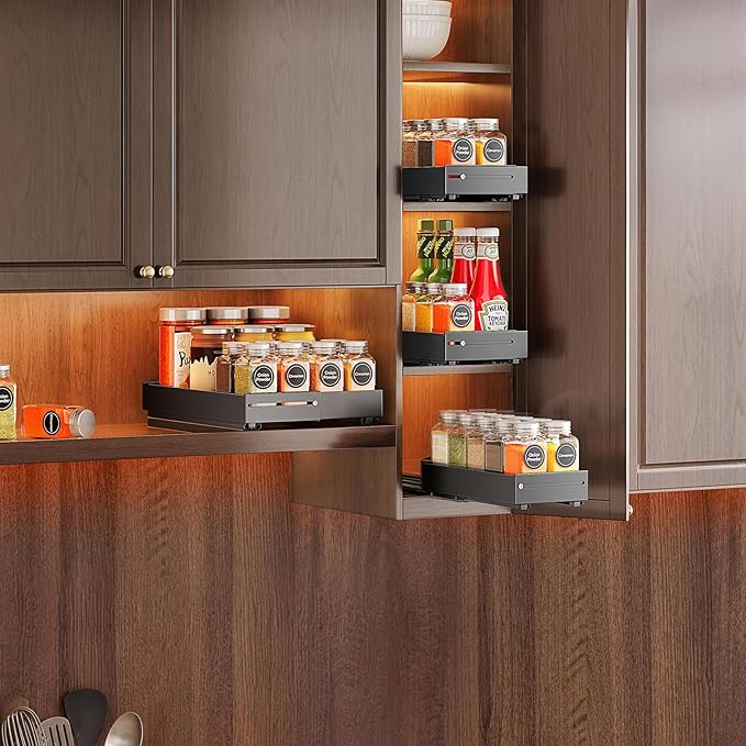 SNTD Pull Out Spice Rack for Upper Cabinet - Expandable Organizer with Smooth Ball Bearing Slides, No Drill Mounting Spice Storage for Kitchen (1 Pack, 4.1" to 7.2" W X 10" D X 2.2" H)