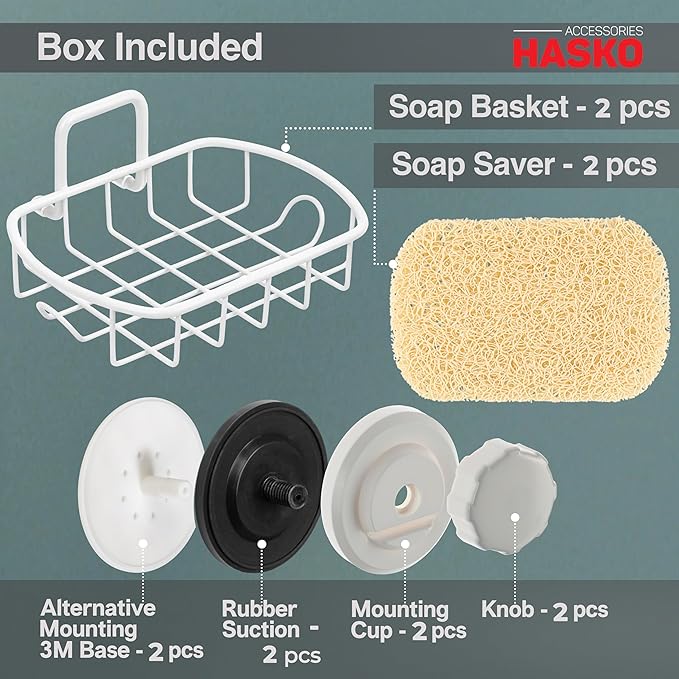HASKO Suction Cup Soap Dish for Shower Wall, Rustproof Stainless Steel Shower Soap Holder with Hooks for Bathroom, Includes Optional No Drill Adhesive Mount and Soap Savers, 2 Pack, White