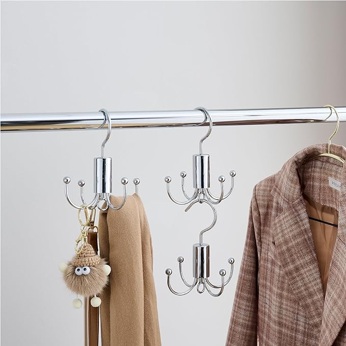 Belt Hanger Duo, 2-Pack - Closet Organizer with Rotatable Design for Easy Selection, Versatile Rack for Belts, Ties, Scarves - Silver