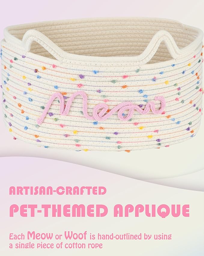 Sea Team Cat Toy Basket with Handles, 16.5 x 11 x 7 Inches, 4.4 Gallons Large Cotton Rope Storage Bin, Box, Shelf Organizer for Pet Chew Toys, Foods, Rainbow Meow