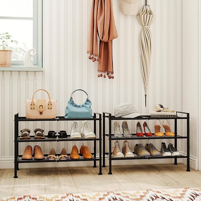 3-Tier Shoe Rack, 26.5" Wide Metal Storage Organizer for Closet Entryway,Holds up to 9 Pairs Shoes, Heavy-Duty Stand for Shoes, Books, or Plants (Black)