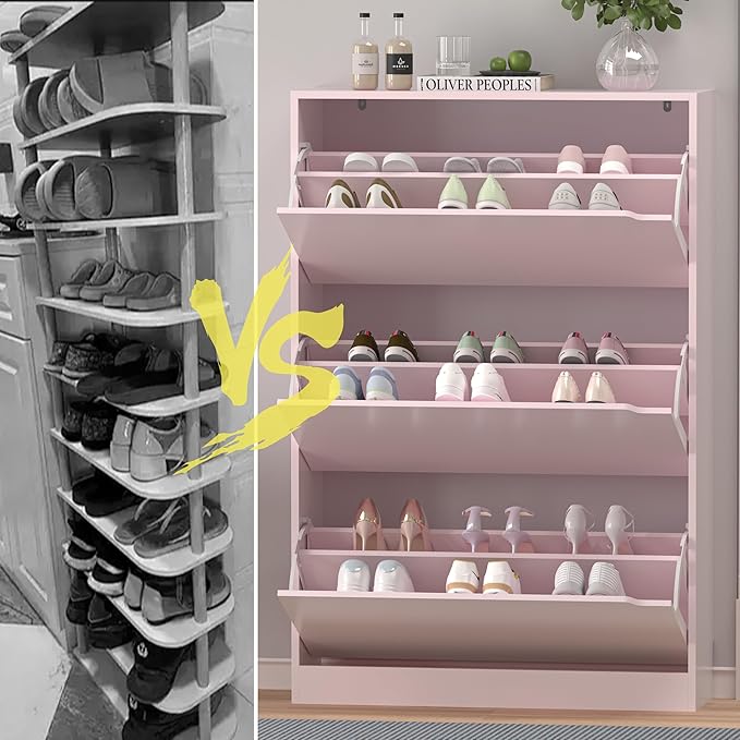 Shoe Storage Cabinet for Entryway, Pink Shoe Cabinet with 3 Flip Drawers, Hidden Shoes Rack Freestanding Storage Organizer for Entryway,Closet, Living Room,Hallway 47.24"H × 31.50"W × 9.44"D