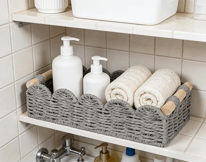 CubesLand Toilet Paper Storage Basket Organizer, Small Wicker Toilet Tank Top Decorative Baskets for Countertop, Handwoven Scalloped Basket w/handle for Home Decor, Living Room, Bedroom, Grey