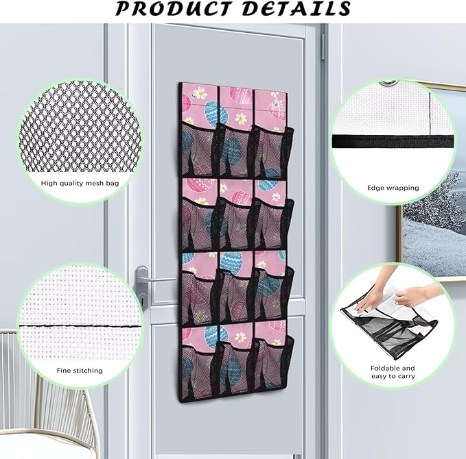 12-Pocket Hanging Storage Bag Behind the Door, Over the Door Organizer Space Saving Storage for Bedroom Closet or College Dorm, Easter Eggs