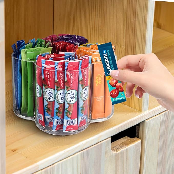 Drink Packet Organizer for Powdered Drink Mix,Powder Packet,Water Packet,Water Flavor Packet,Lazy Susan Organizer for Drink Mix Necessities Rotating Holder (Flower)