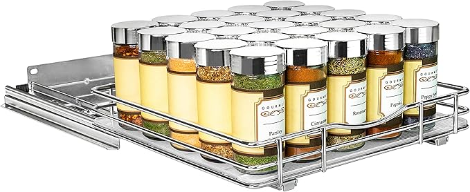 LYNK PROFESSIONAL® Pull Out Spice Organization for Cabinets - 10-3/8 inch Wide – Spice Rack for Inside Cabinets, Slide Out Spice Rack Organizer for cabinet – Pull Out Spice Rack, Sliding 1 Tier Chrome