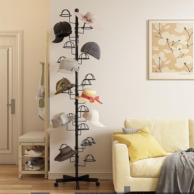 Freestanding Hats Rack Stand with 25 Customizable Circular Hooks Metal Hat Rack Hats Tree Organizer Rack Display Standing Floor Hat Stand for Home Store Commercial, Black