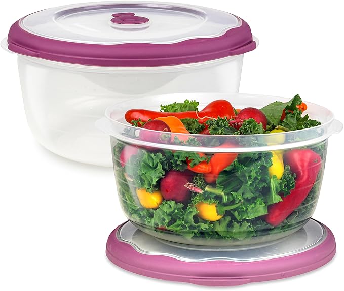 Tribello Large 10 Cup Food Storage Bowl with Lid, Salad Bowl With Airtight/Steam Vent Lid Dishwasher/Freezer and Microwave Safe Container For Serving and Storing, BPA Free - Round - 80 Oz - 2 Pack
