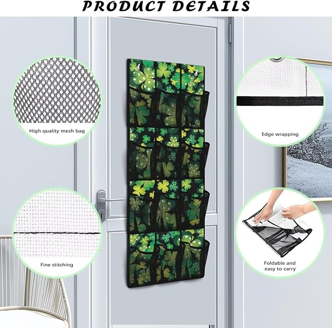 12-Pocket Storage Hanging Bag for Doors, Oxford Material, Waterproof Scratch-Proof and Designed for Organizing Household Items, Dots Lucky Leaf Print
