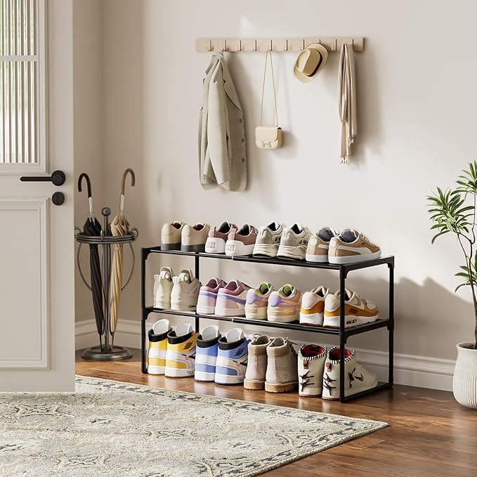 HAIXIN Expandable Shoe Rack - 2 Tier Adjustable Shoe Organizer Storage Shelf for Closet, Upright and Upside Down, Stackable Small Shoe Stand for Entryway, Living Room, Front Door