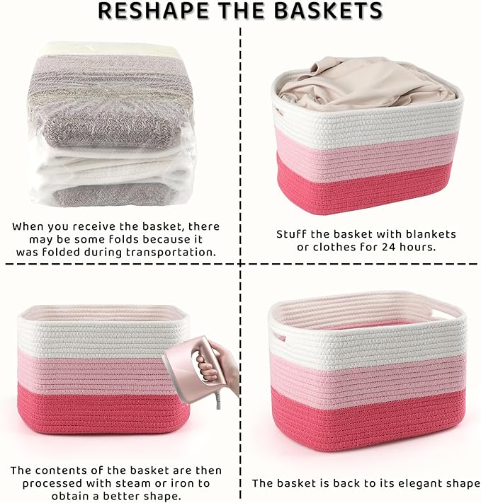 4 Pack Storage Baskets for Organizing, 12''Lx9''Wx8''H Woven Baskets for Storage Toys, Towels, Books, and Clothes, Cotton Rope Basket for Shelves with Handle White & Brown