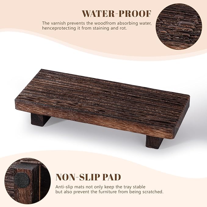Bathroom Tray Farmhouse Decor Pedestal Stand Wood Riser Display Kitchen Accessories Soap Holder for Sink, Counter, Vanity, 8.7 * 3.6 Dark Brown