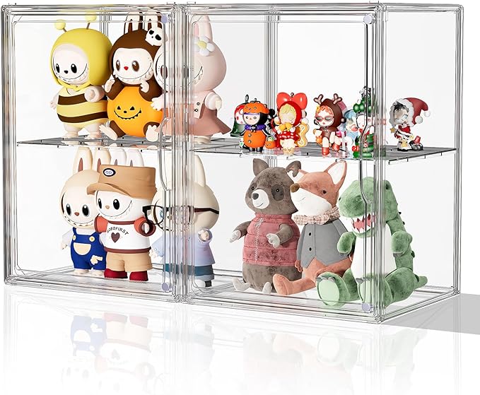 Acrylic Clear Display Case, Stackable Plastic Storage Bins with Shelf, Figure Figurine Hobby Display Case with Magnetic Lid, Large Acrylic Display Box for Collectibles, Figures, 2 Pack