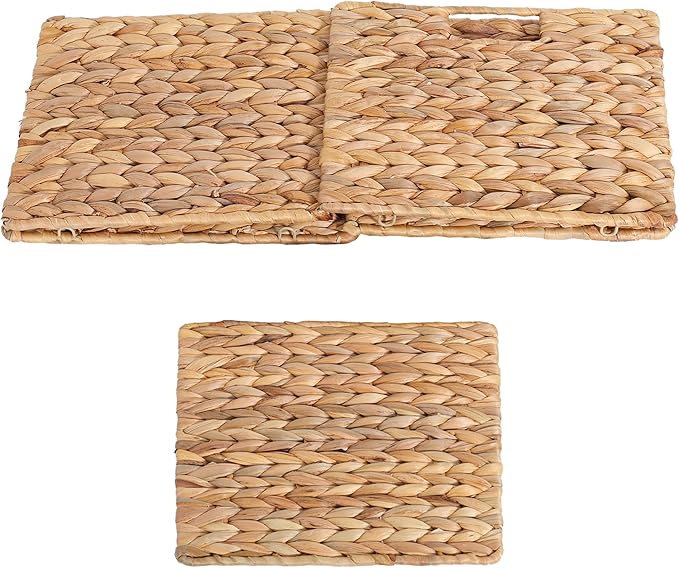 12X12X10in Water Hyacinth Storage Baskets, Wicker Storage Cubes Set of 3, Kitchen Baskets for Pantry Organization, Foldable Square Baskets for Shelves