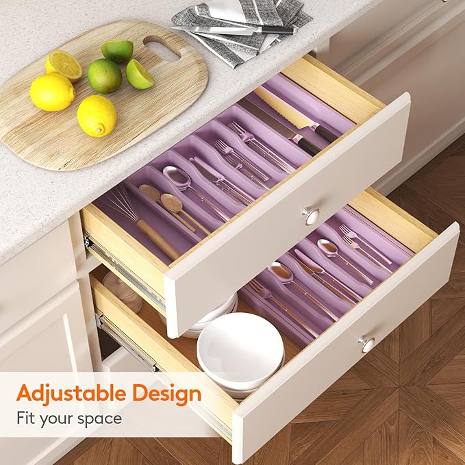 Lifewit Silverware Drawer Organizer, Expandable Utensil Tray for Kitchen, BPA Free Flatware and Cutlery Holder, Adjustable Plastic Storage for Spoons Forks Knives, 13-22 x 15", Purple