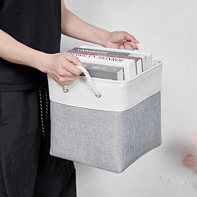 13 x 13 Inch Storage Cubes,6 Pack Cube Storage Bins for Shelves,Fabric Collapsible Storage Bins with Handles, Foldable Storage Basket for Organizing Clothes, Toys, Books (White&Gray)