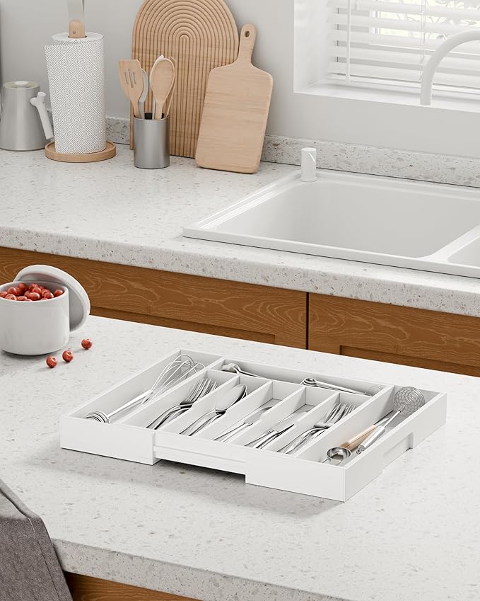 Kitsure Silverware Organizer - Expandable Bamboo Kitchen Drawer Organizer for Cooking Utensils and Cutlery, Sturdy & Thickened Kitchen Organizers and Storage Solution, Large, White