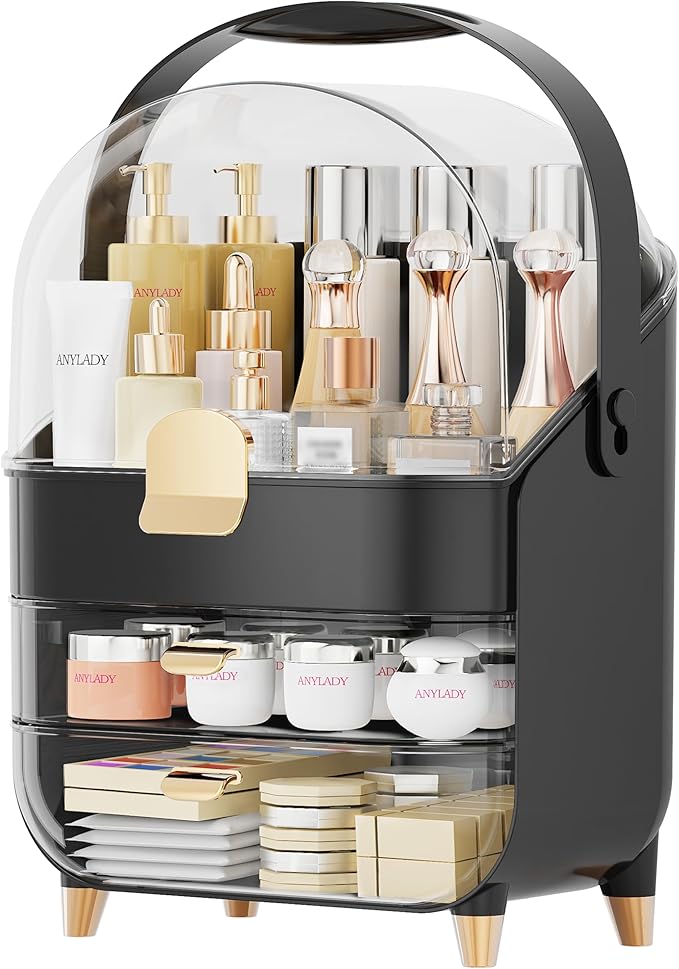 Makeup Organizer Countertop, Skincare Holder Bathroom Counter Organizer, Storage Box Cosmetic Display Cases, Teen Girl Gifts Make up Organizers for Vanity, Dresser (Black)