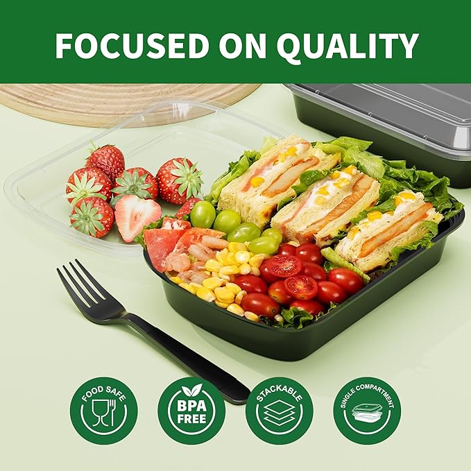 Meal Prep Containers, 50 Pack 12oz (100-Piece) Disposable Take Out Food Storage Containers with Leakproof Lids, Reusable Plastic To Go Lunch Boxes, BPA Free, Microwave/Dishwasher/Freezer Safe