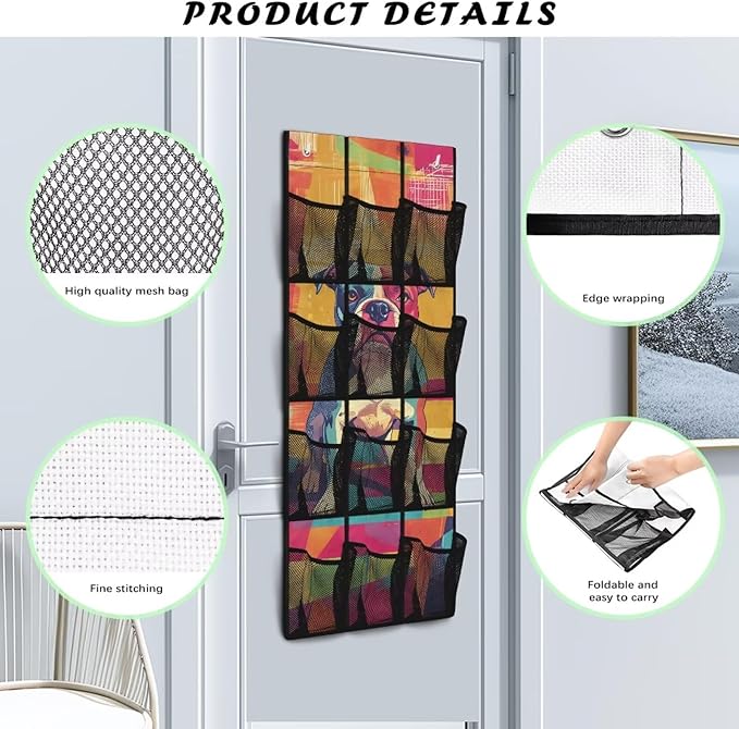 Art Dog Over The Door Shoes Organizer 12 Large Mesh Pockets Closet Door Hanging Shoe Rack Organizer Washable Storage Bag for Toys Snacks Shoes Hats Comics