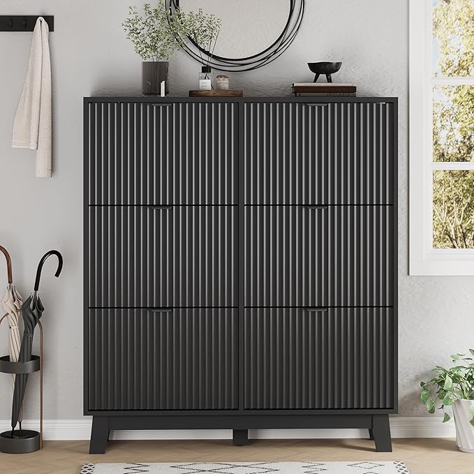 Xixini Shoe Cabinet with 6 Flip Drawers, 54" Tall Narrow Fluted Shoe Storage Organizer for Entryway, Hidden Slim Wooden Shoe Rack Cabinet for Front Door Entrance, Hallway, Living Room, Solid Black