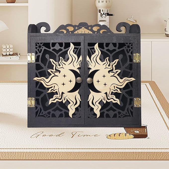 Large Crystal Display Shelf Case for Stones, Carved Sun Crescent Moon Shelf, Trinket Shelf Nail Polish Rack Crystal Holder Essential Oil Storage Rock Cabinet Gem Stone Organizer