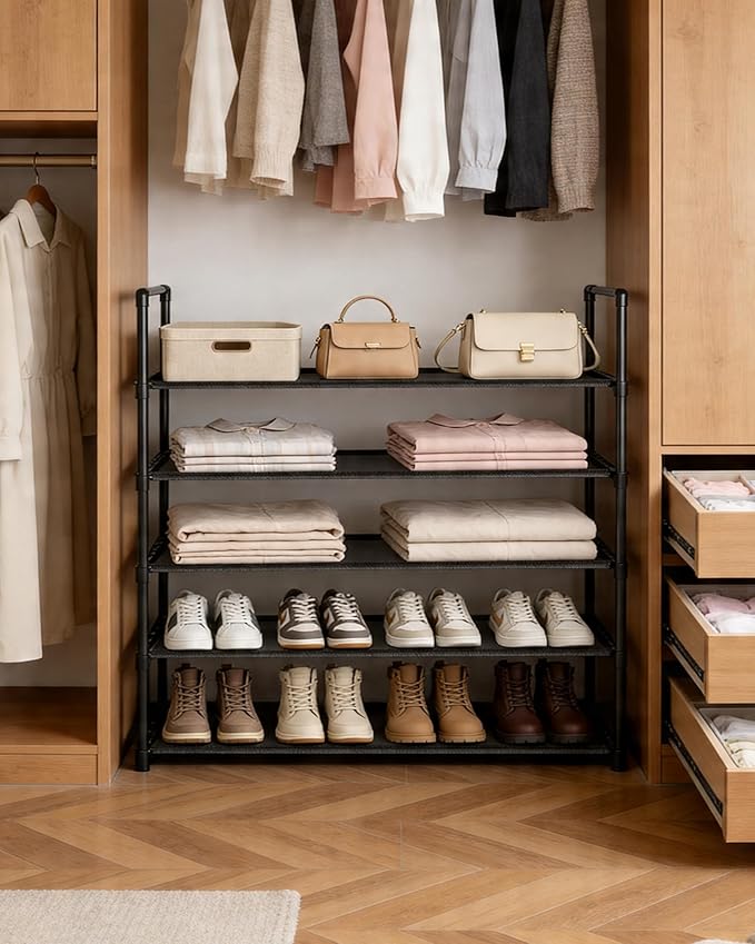 Large Capacity Space-Saving Shoe Rack, 5-Tier Detachable Shoe Storage Organizer Holds 20-25 Pairs, Waterproof Non Woven Fabric Corner Rack for Entryway, Closet, Hallway, Garage