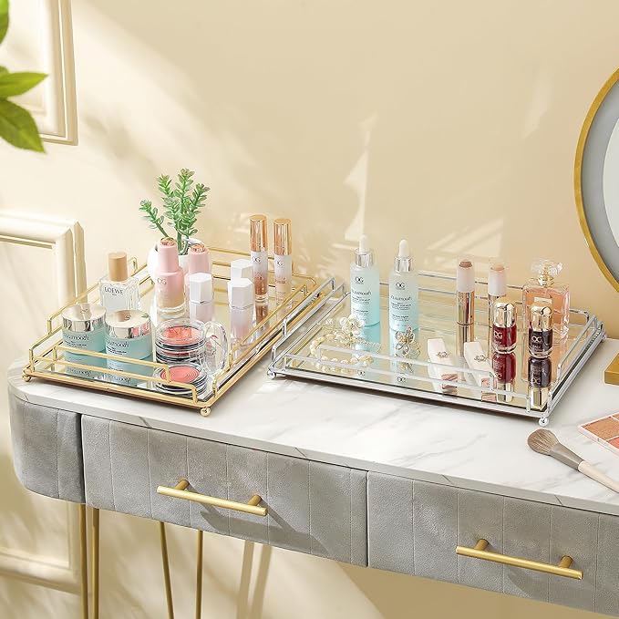 Mirror Tray Modern Style Gold Vanity Perfume Tray for Bathroom Vanity Bedroom (Champagne Gold)