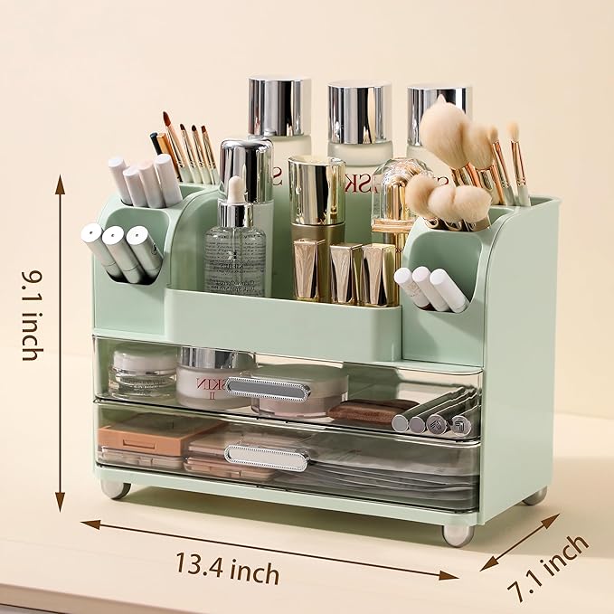 Anyoifax Makeup Organizer Countertop with Large Drawers, Vanity Organizer with Brush Holder, Skin Care Storage for Dresser, Perfume Organizer for Lotion, Lipsitck, Palette, Green