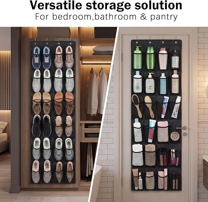 Over the Door Shoe Organizer, 24 Large Breathable Mesh Pockets, Space Saving Hanging Storage, Holds Up to 40 lbs, Hangs on Closets for Shoes, Accessories, Black