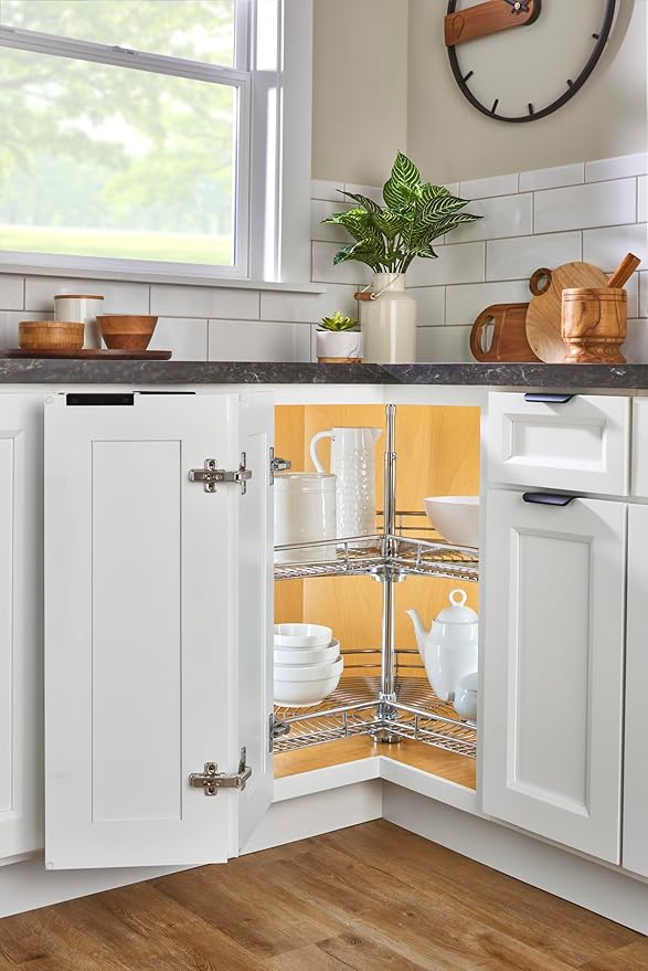 Rev-A-Shelf Dual Shelf Kidney-Shaped Lazy Susan Organizer for Corner Base Kitchen Cabinets, Rotating Turntable Storage Wire Trays, Chrome, 5472-28 CR