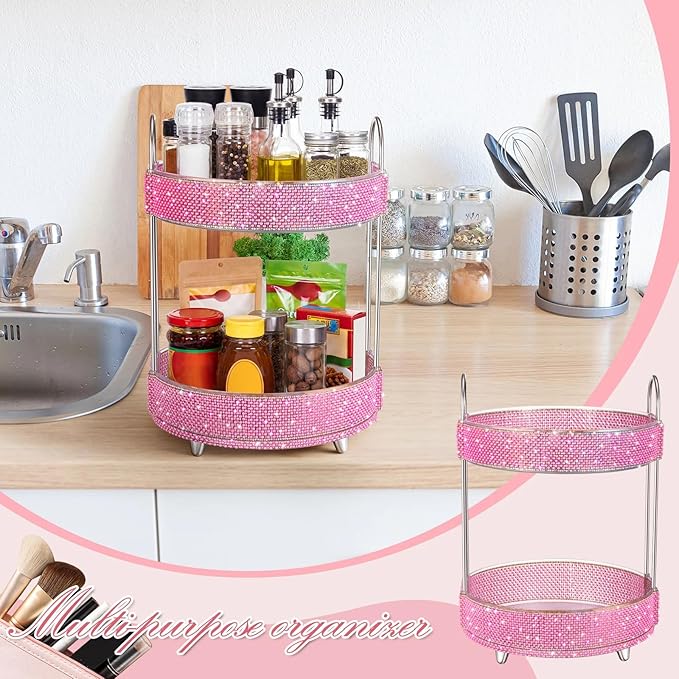 Honeydak 360 Rotating Perfume Organizer for Mother Day Nurse Day Rhinestone Bathroom Counter Organizer Makeup Holder Skincare and Perfume Storage for Cosmetic Countertop(2 Tiers,Pearl,Pink)