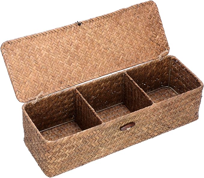 Hipiwe Handwoven Seagrass Storage Basket with Lid Rectangular Toilet Paper Holder 3 Sections Home Organizer Bin for Bathroom Shelf Kitchen