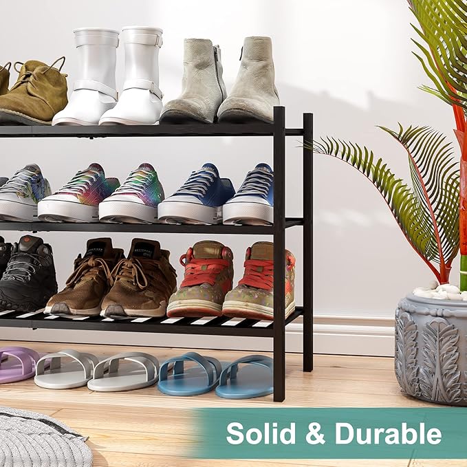 viewcare 3-Tier Long Black Shoe Rack, Bamboo Wood Shoe Rack for Closet, Entryway & Hallway, Stackable | Functional | Sturdy