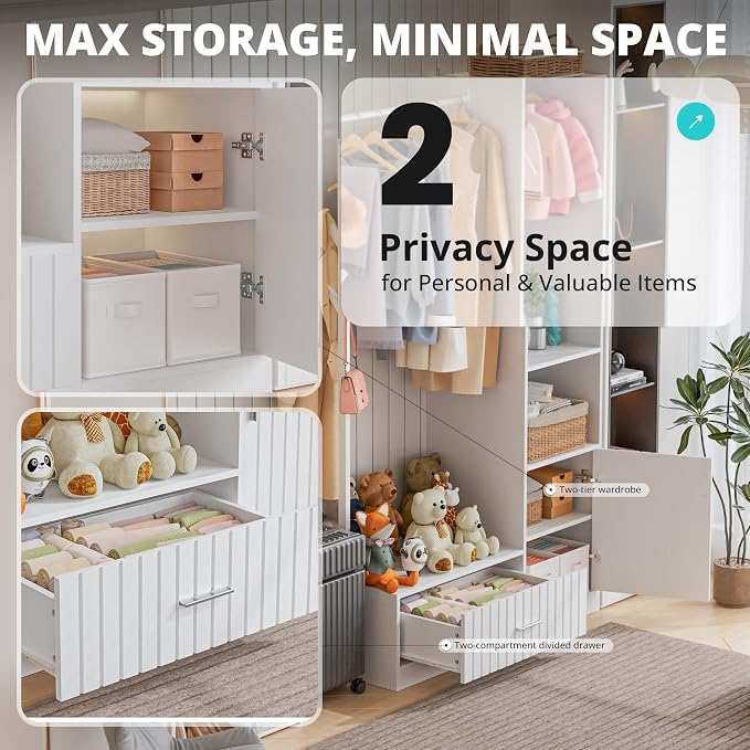 PatioPerk Closet System,Closet Organizer with Hanging Rods & Storage Shelves,Wardrobe Clothes Rack with Drawers and coat tree, Modern Garment Rack for Dressing Room, Hallway, White
