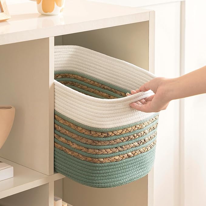 UBBCARE 4 Pack Baskets for Organizing, Woven Storage Baskets for Toys and Towel, Rectangle Cotton Rope Basket with Handles, 14''L x 8''W x9''H, Green