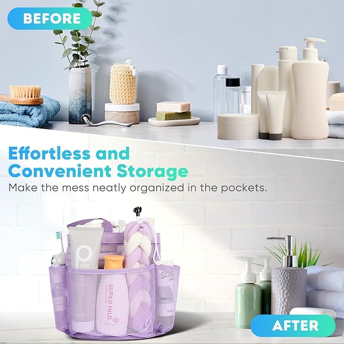 EUDELE 2 Pack Mesh Shower Caddy Portable for College Dorm Room Essentials, Shower Caddy Dorm with 8-Pocket Large Capacity,Shower Bag for Beach,Swimming,Gym All Black+All Purple