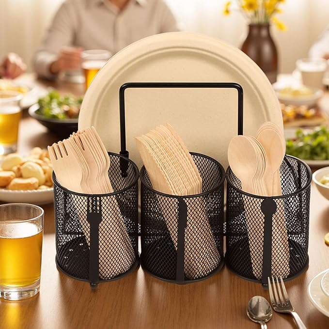 Utensil Caddy Silverware Holder for Party, Metal Mesh Cutlery Storage Organizer for Forks Spoons Napkins Plates, Perfect for Kitchen, Buffet, Picnic, Camping & Outdoor BBQ