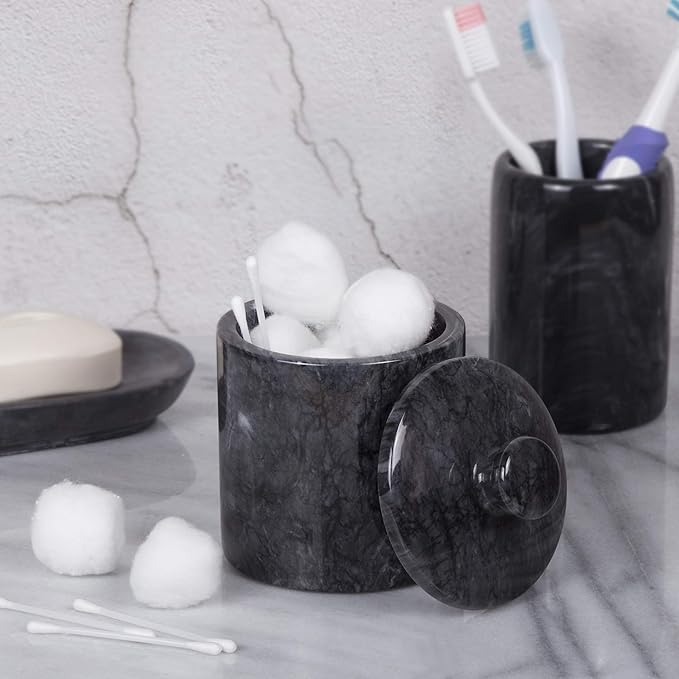 Creative Home Hand Carved Natural Black Marble Storage Jar Heavy Duty Taiwan Yushan Stone for Cotton Balls Jewelry Bathroom Essentials Chemical-Free and Eco-Friendly, 3.8 Diam. x 5.2 H Inch